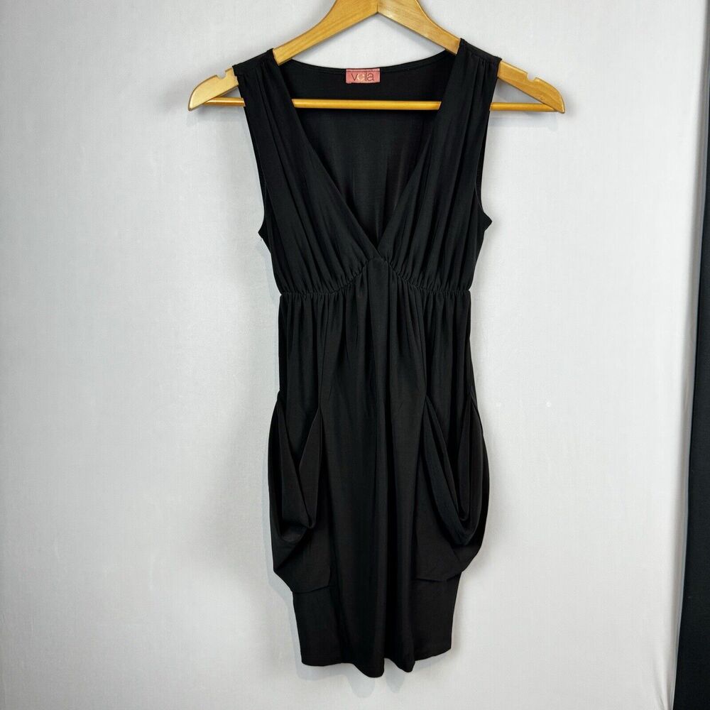 Voilà Black Gathered Dress Polyester Spandex Pockets USA Made XS/S LBD